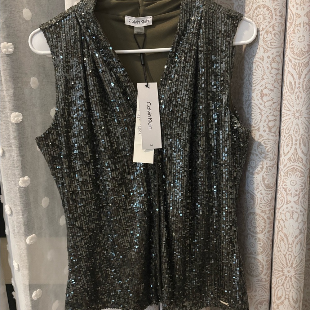 Calvin Klein Women's Sequin Sleeveless Top - Muted Olive